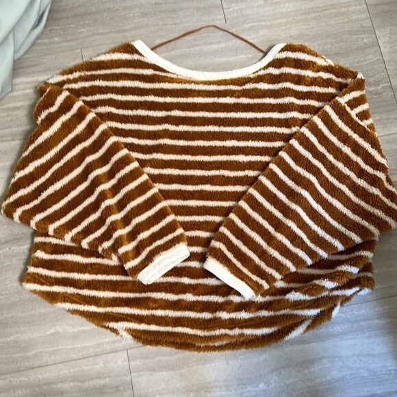 Free People Breton Striped Pullover Sherpa Fall Sweater Tan Camel White Small - Picture 5 of 11